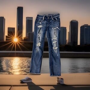 American Eagle Jegging Crop Jeans Mid    Women's 4 Regular Distressed Raw Hem